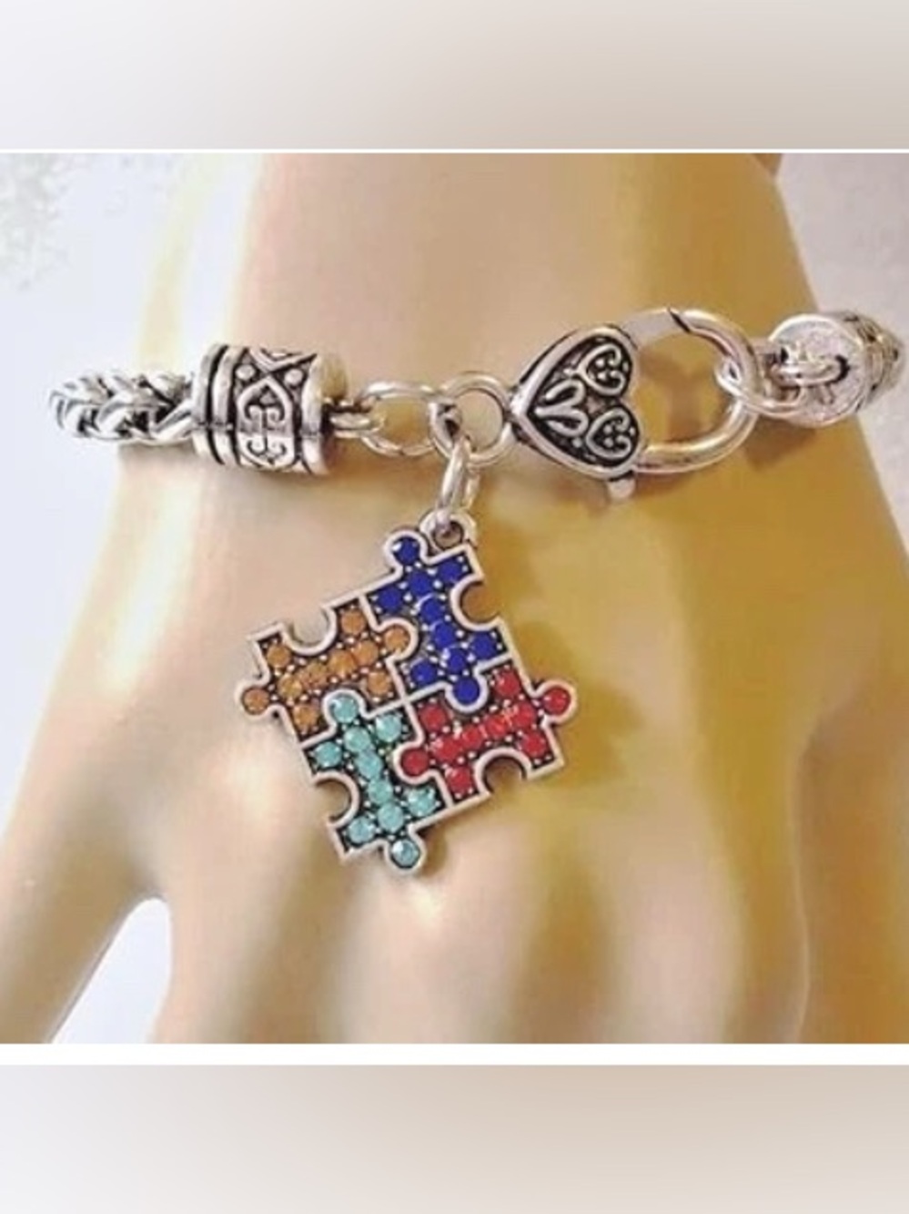 Autism Awareness Clasp Bracelet with Rhinestone Puzzle Piece Charm